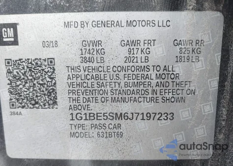 2018 Chevrolet Cruze Lt Auto z USA, uszkodzony, nr VIN 1G1BE5SM6J7197233